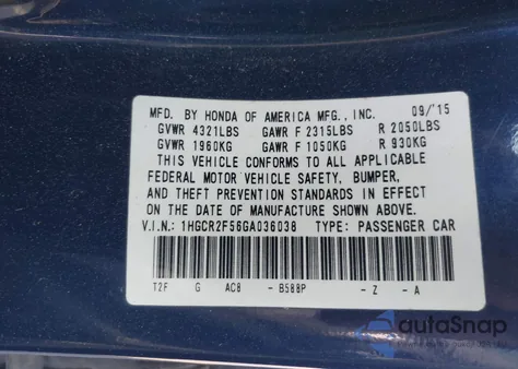 2016 Honda Accord Sport z USA, uszkodzony, nr VIN 1HGCR2F56GA036038